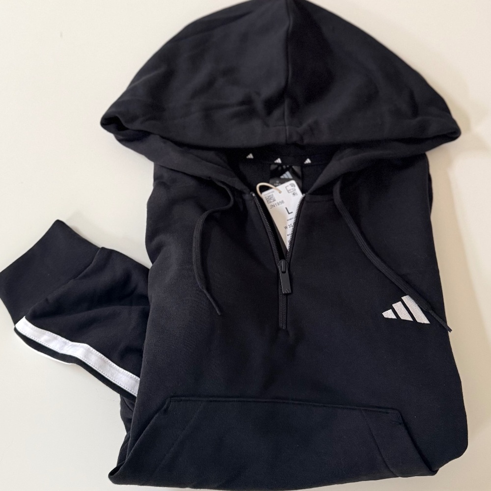 NWT Adidas Essentials 3 Stripes Cropped Quarter Zip Hoodie - Black Size L